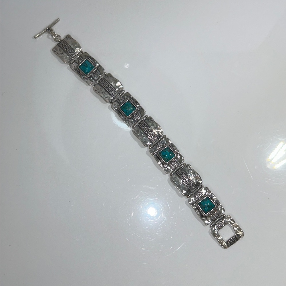 NWT Hammered Link Sterling Silver Turquoise Gemstone Designer Bracelet